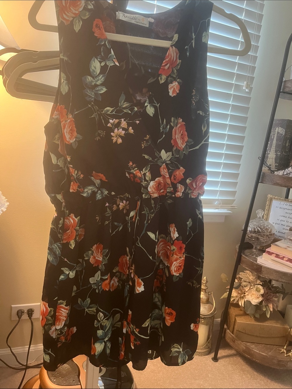 Floral Sleveless  Black Summer Romper with RedOrange Roses